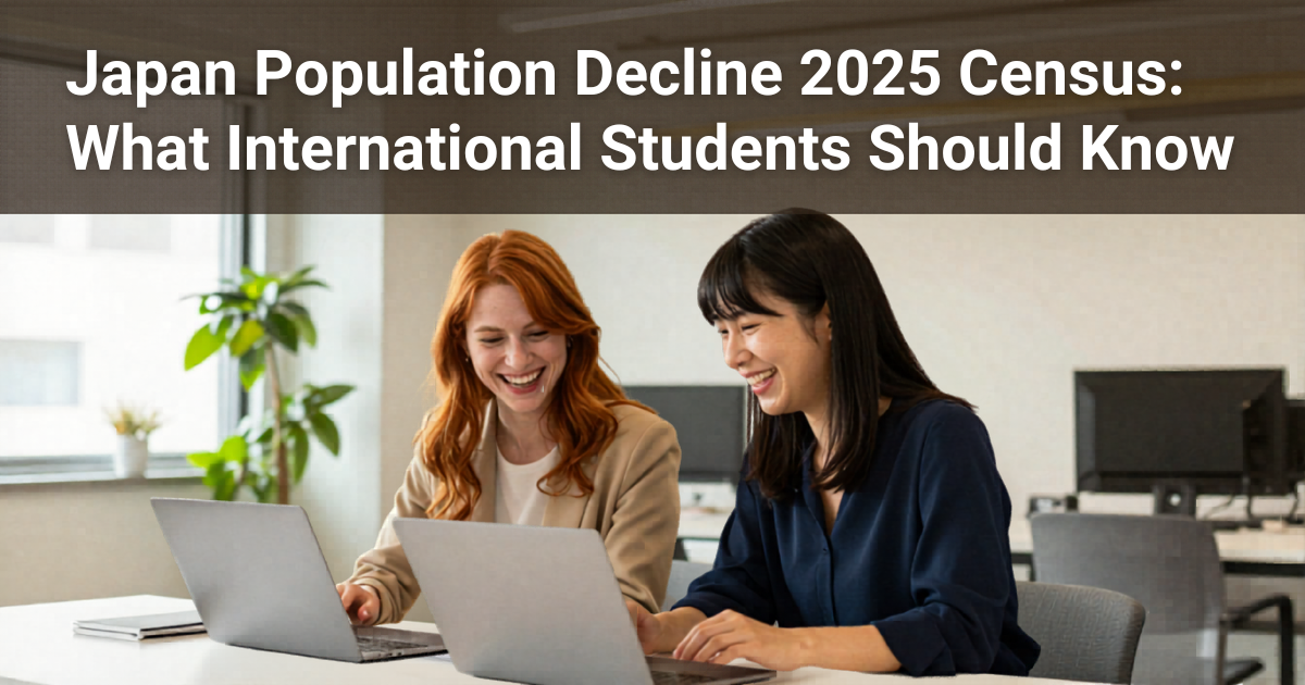 Two international students discussing Japan’s 2025 population census data on laptops in a bright modern study space.