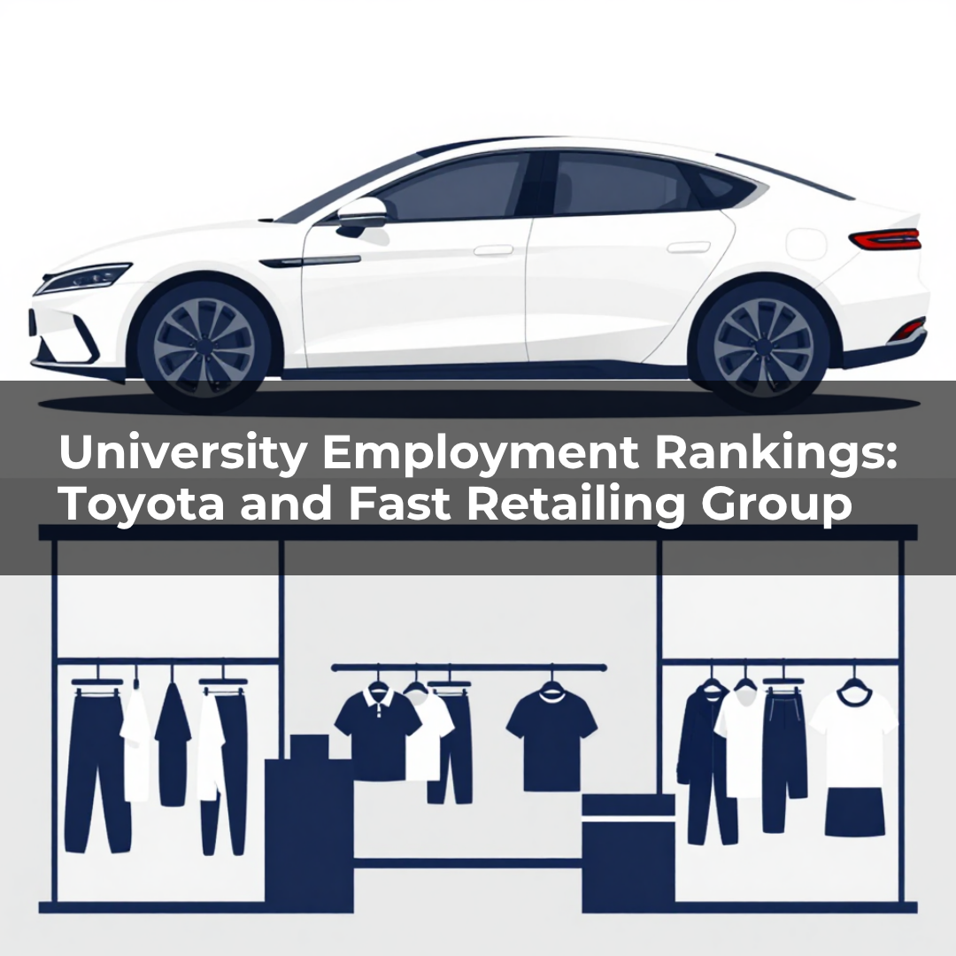Japanese university employment rankings 2025 – graduates at Toyota and Fast Retailing Group (UNIQLO). White sedan car and retail store illustration.