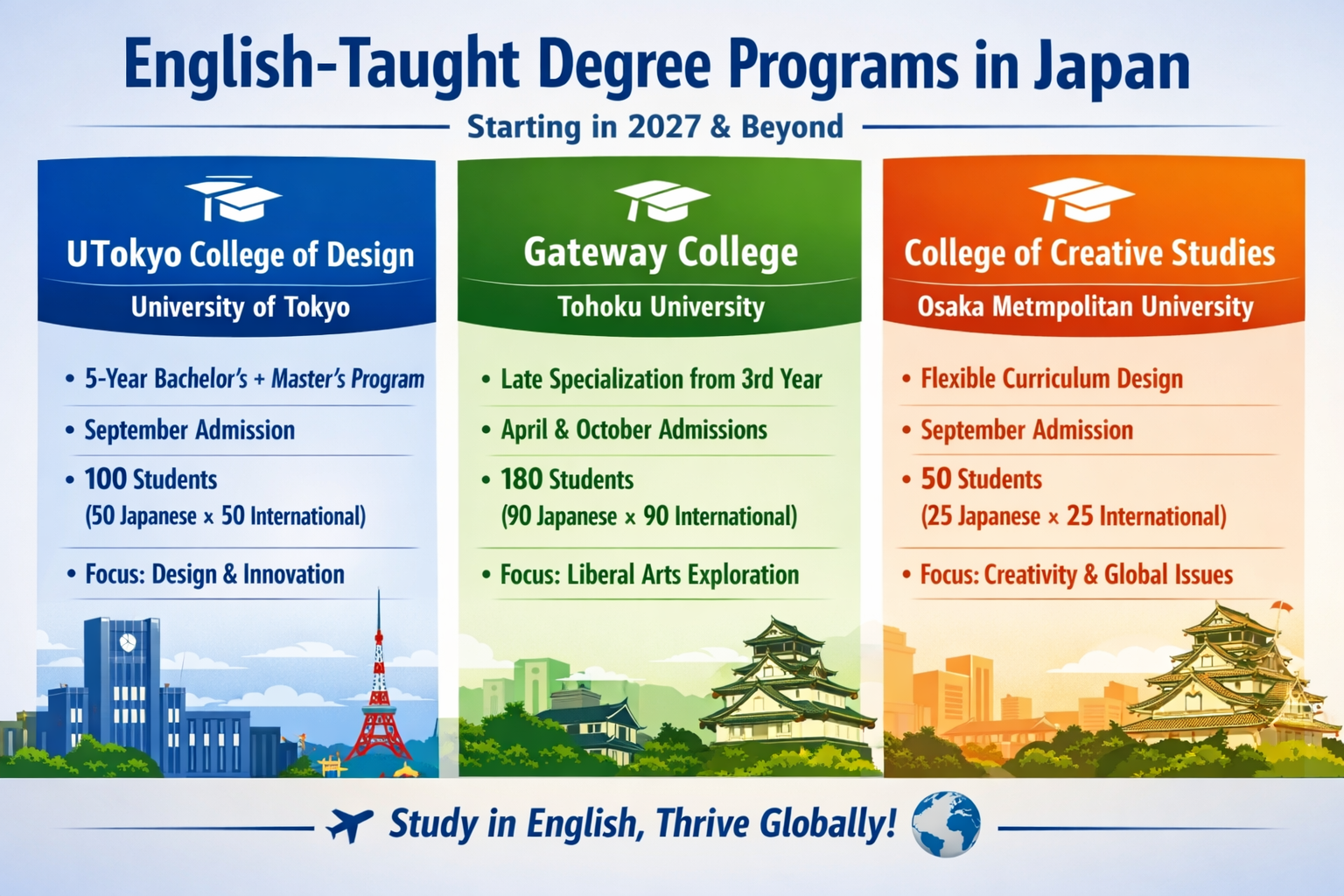 Infographic showing three English-taught degree programs in Japan: UTokyo College of Design, Tohoku University Gateway College, and Osaka Metropolitan University College of Creative Studies, with details on admissions, student numbers, and focus areas.