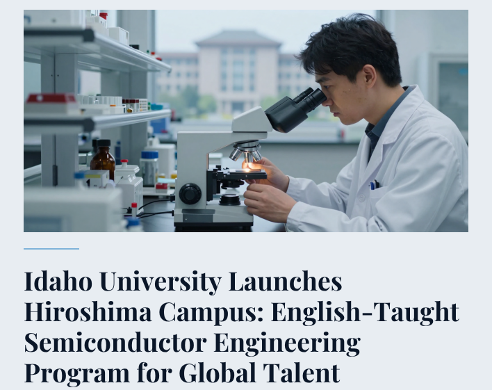 Student in laboratory using microscope, Idaho University Hiroshima Campus semiconductor program announcement
