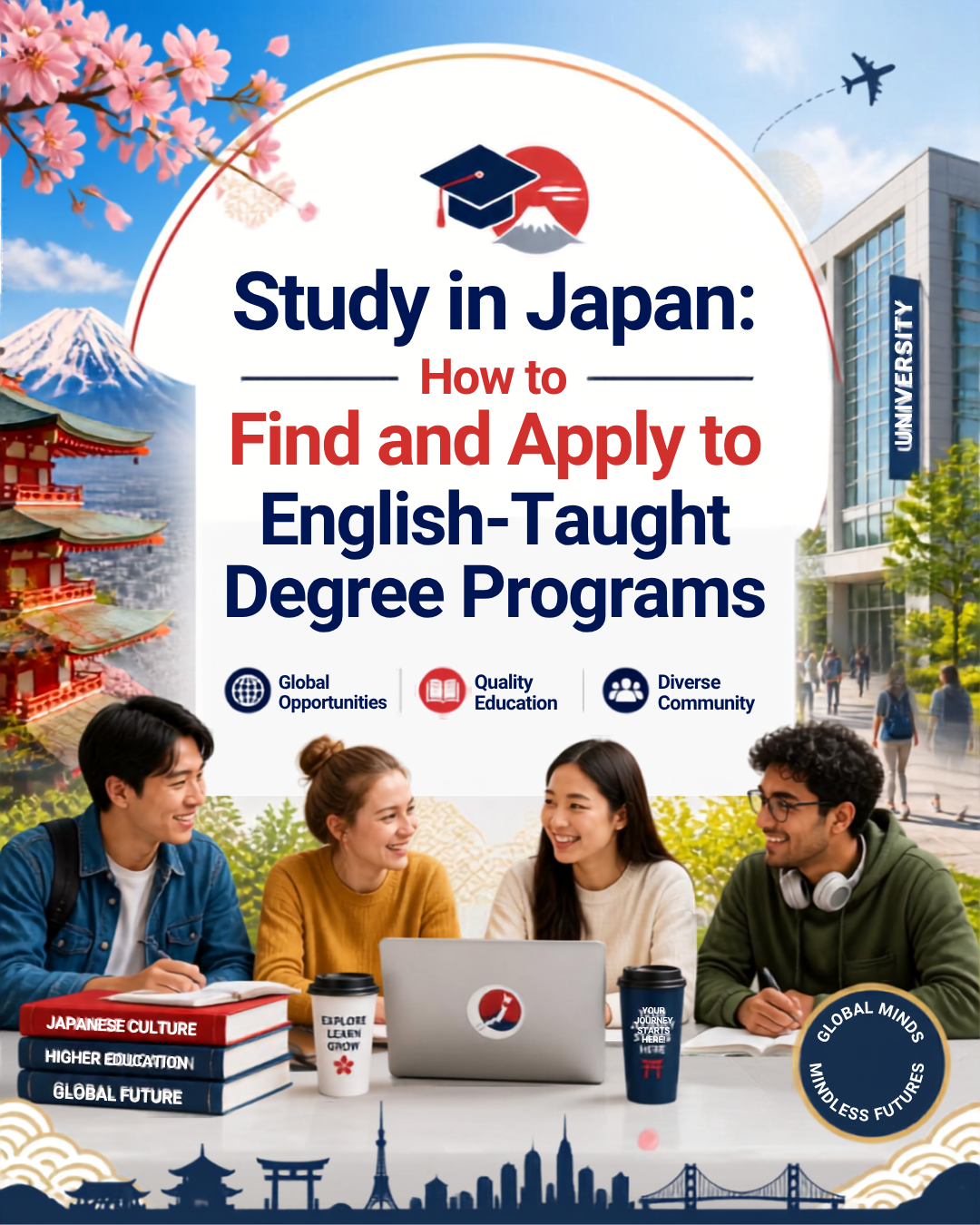 Four international students studying together with Mount Fuji and cherry blossoms in the background, promoting English-taught degree programs in Japan.