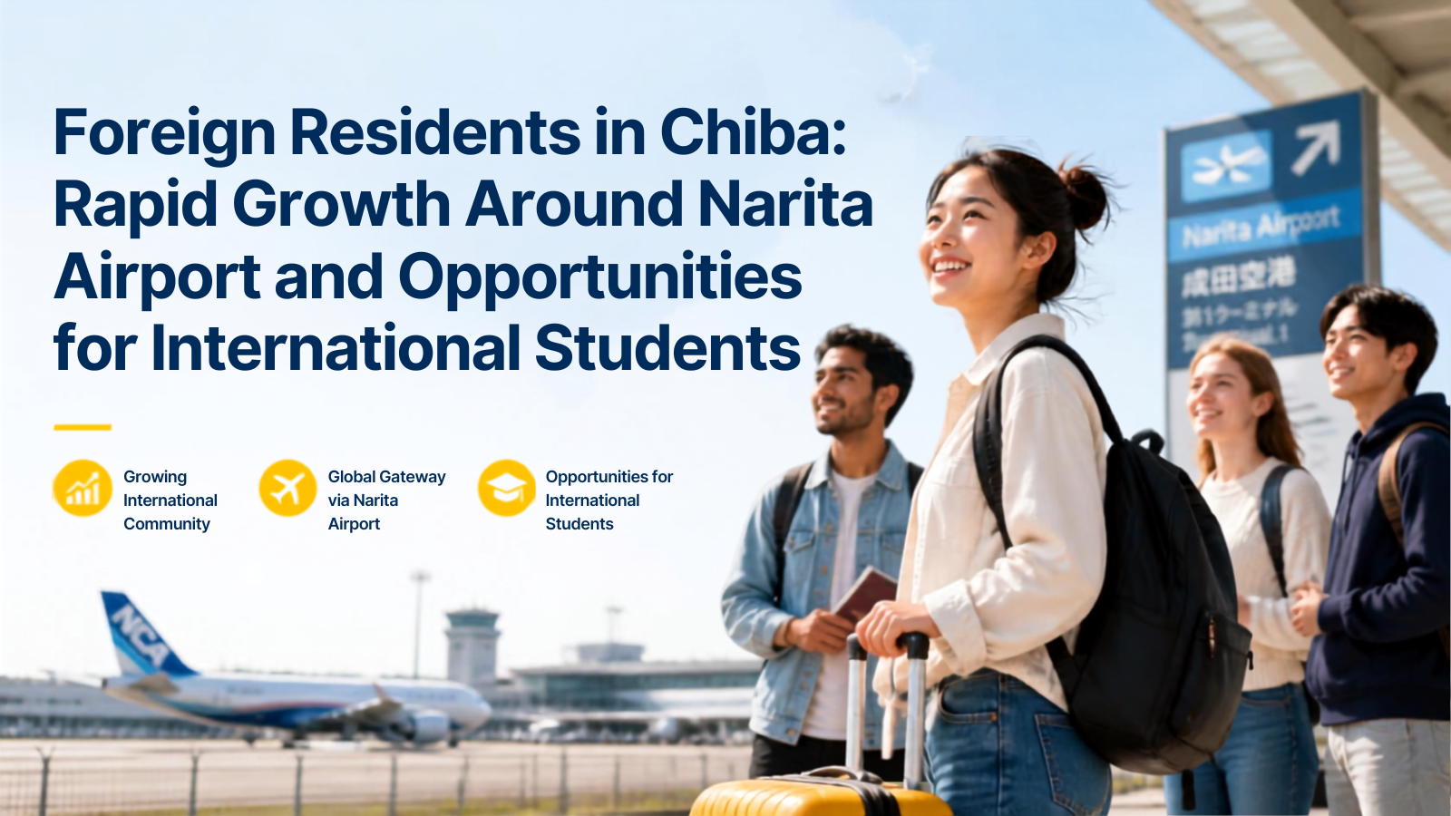 Group of international students with luggage outside Narita Airport, symbolizing the growth of foreign residents in Chiba and opportunities for studying in Japan.
