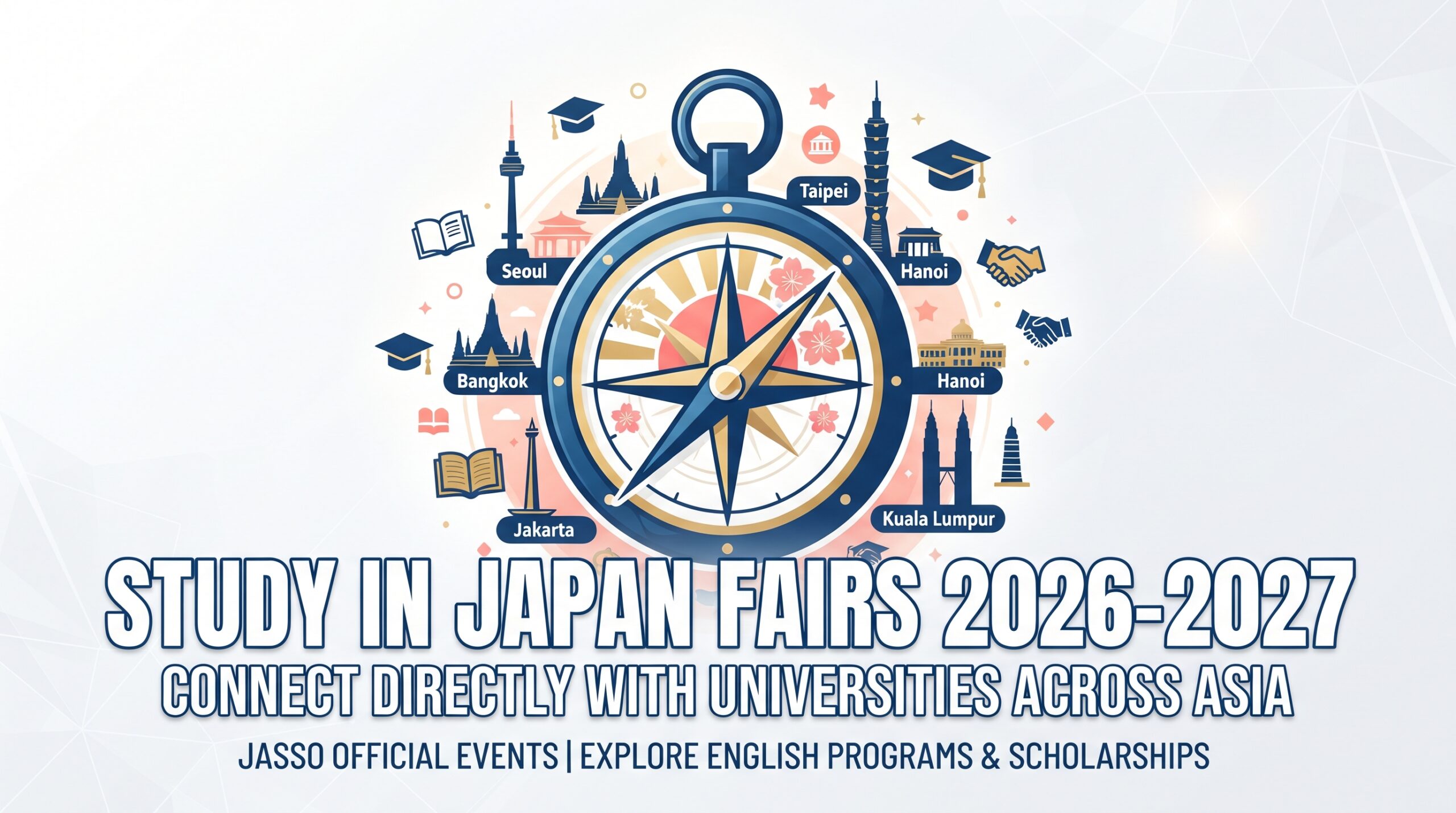 Study in Japan Fairs 2026-2027 visual featuring a vintage map, compass, and iconic landmarks of Asian cities