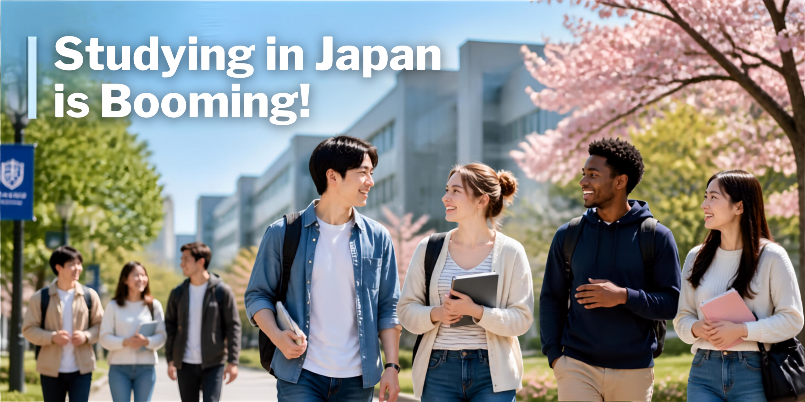 Group of international students smiling and walking together on a Japanese university campus in spring with cherry blossoms, with the text overlay "Studying in Japan is Booming!"