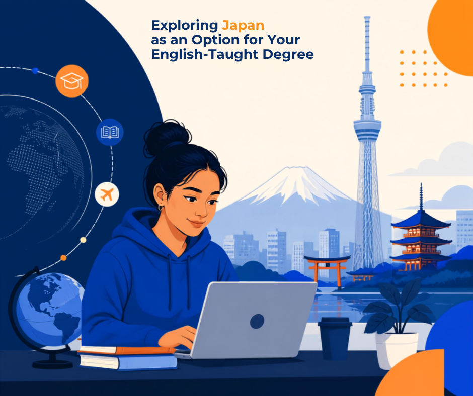 Illustration of an international student studying on a laptop with Mount Fuji and Tokyo Skytree in the background, representing English-taught degree options in Japan.