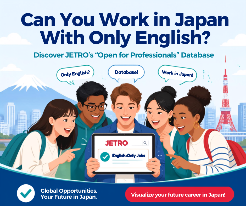 A diverse group of international students smiling and looking at a tablet displaying the JETRO database for English-only jobs in Japan, with Mt. Fuji and Tokyo Tower in the background. The main text reads, "Can You Work in Japan With Only English?"