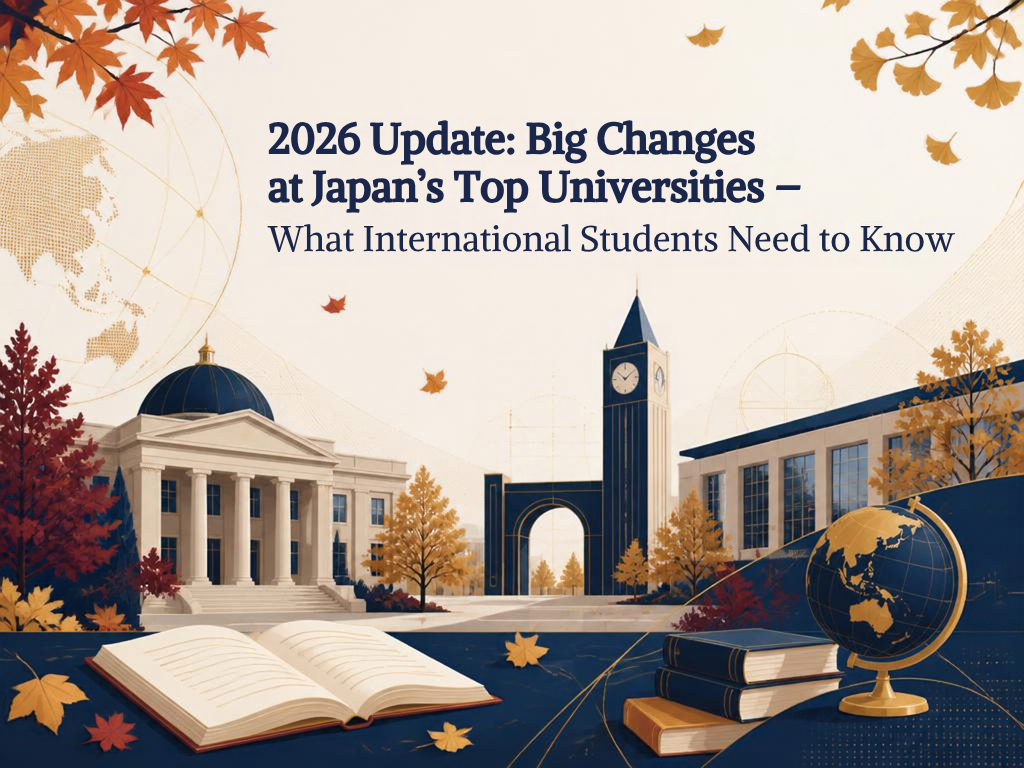 Illustration of a university campus, a globe, and open books with the text "2026 Update: Big Changes at Japan's Top Universities – What International Students Need to Know"