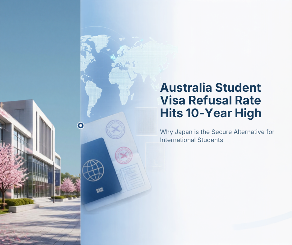 Australia student visa refusal rate hits 10-year high, showing a campus in Japan and a passport with visa rejection stamps as a secure alternative for international students.