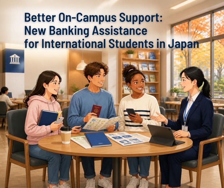 A diverse group of international students receiving banking assistance from a female staff member at a Japanese university campus.