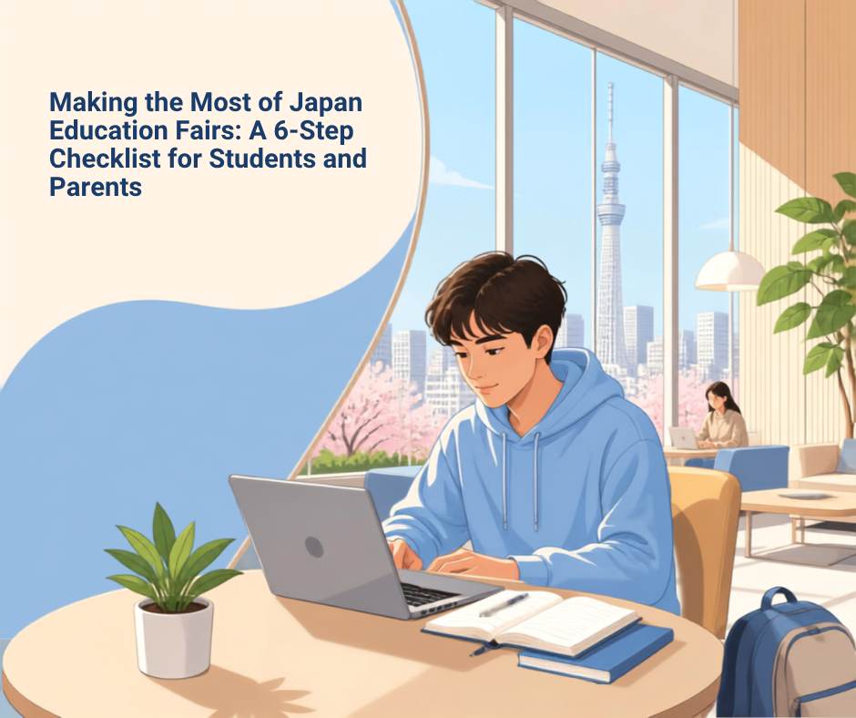 An international high school student studying on a laptop with a Tokyo skyline view, representing English-taught degree programs in Japan.