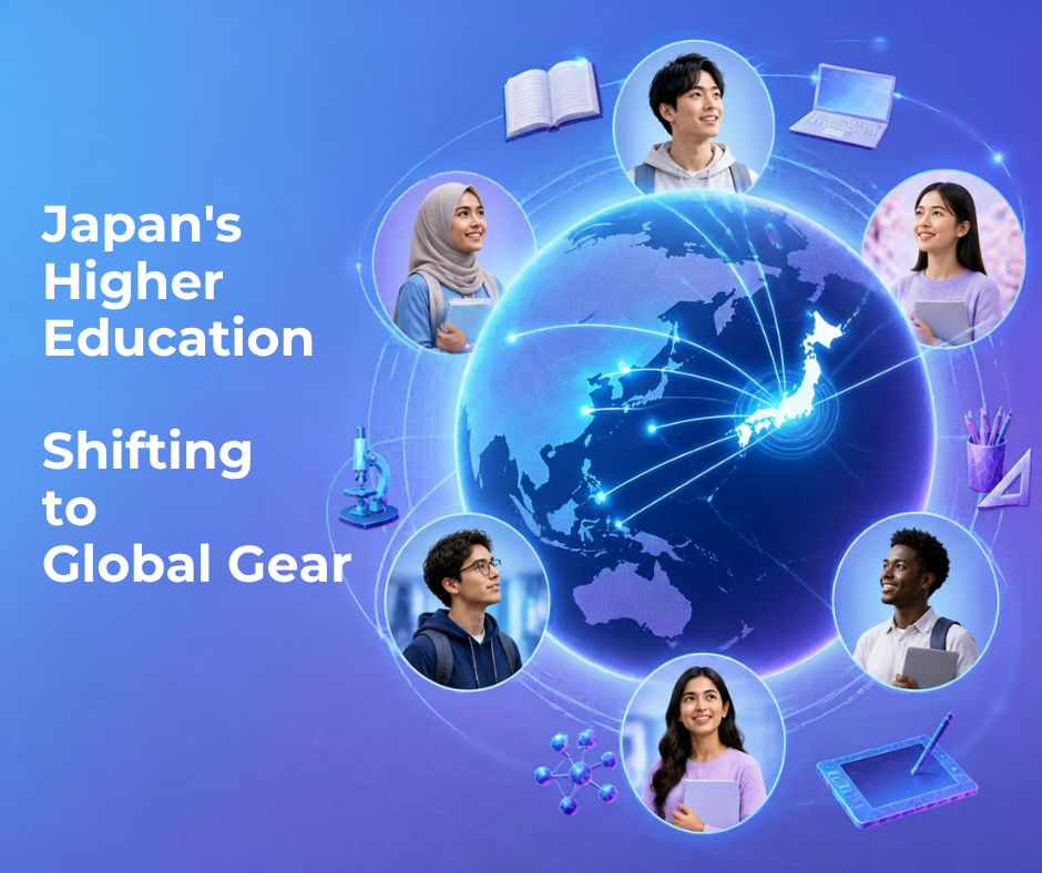 An illustration of a glowing globe centered on Japan, surrounded by diverse international students and icons representing global higher education programs, symbolizing Japan's shift to global gear.