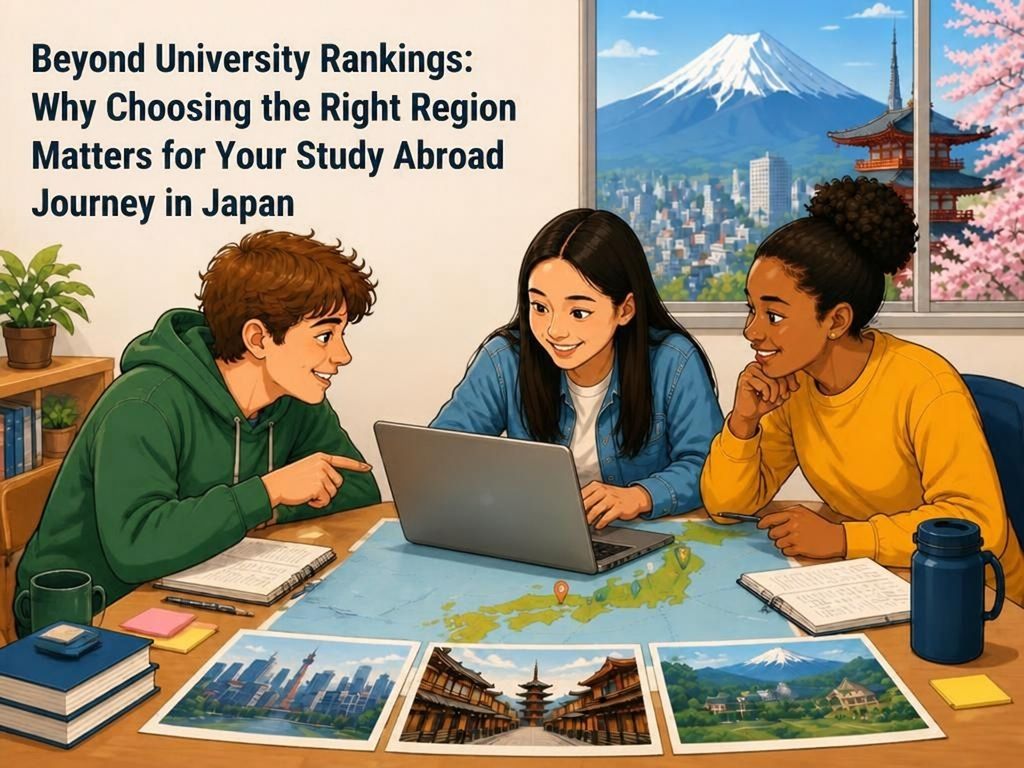 International students looking at a map and photos of Japan while researching regional university choices and study abroad options.