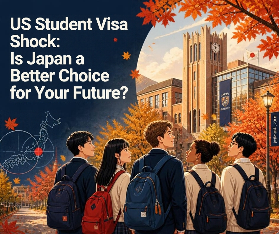 Blog Eyecatch: An illustration of diverse international students looking up at a traditional Japanese university building in autumn.